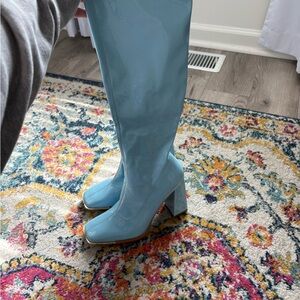 Teal Patent Leather Knee-High Block Heel Boots
